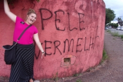 Pele vermelha= red skin (which is prolly a derogatory term for someone, but I have red skin because of my sunburns and pinkish complexion so it is my wall and it means we´re almost home too so I love it)